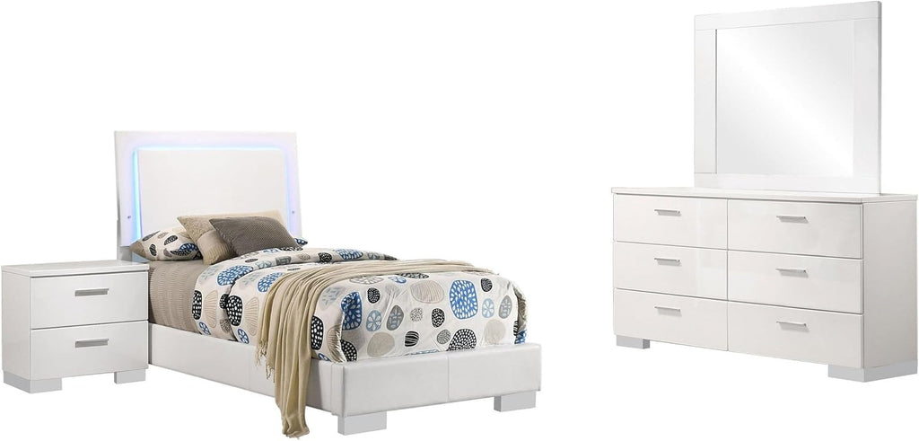Benjara Sok 4pc Twin Size Bedroom Set- Modern White/LED Upholstered Headboard