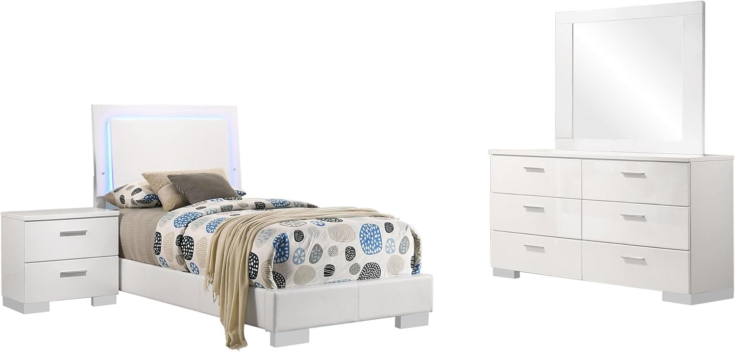 Benjara Sok 4pc Twin Size Bedroom Set- Modern White/LED Upholstered Headboard