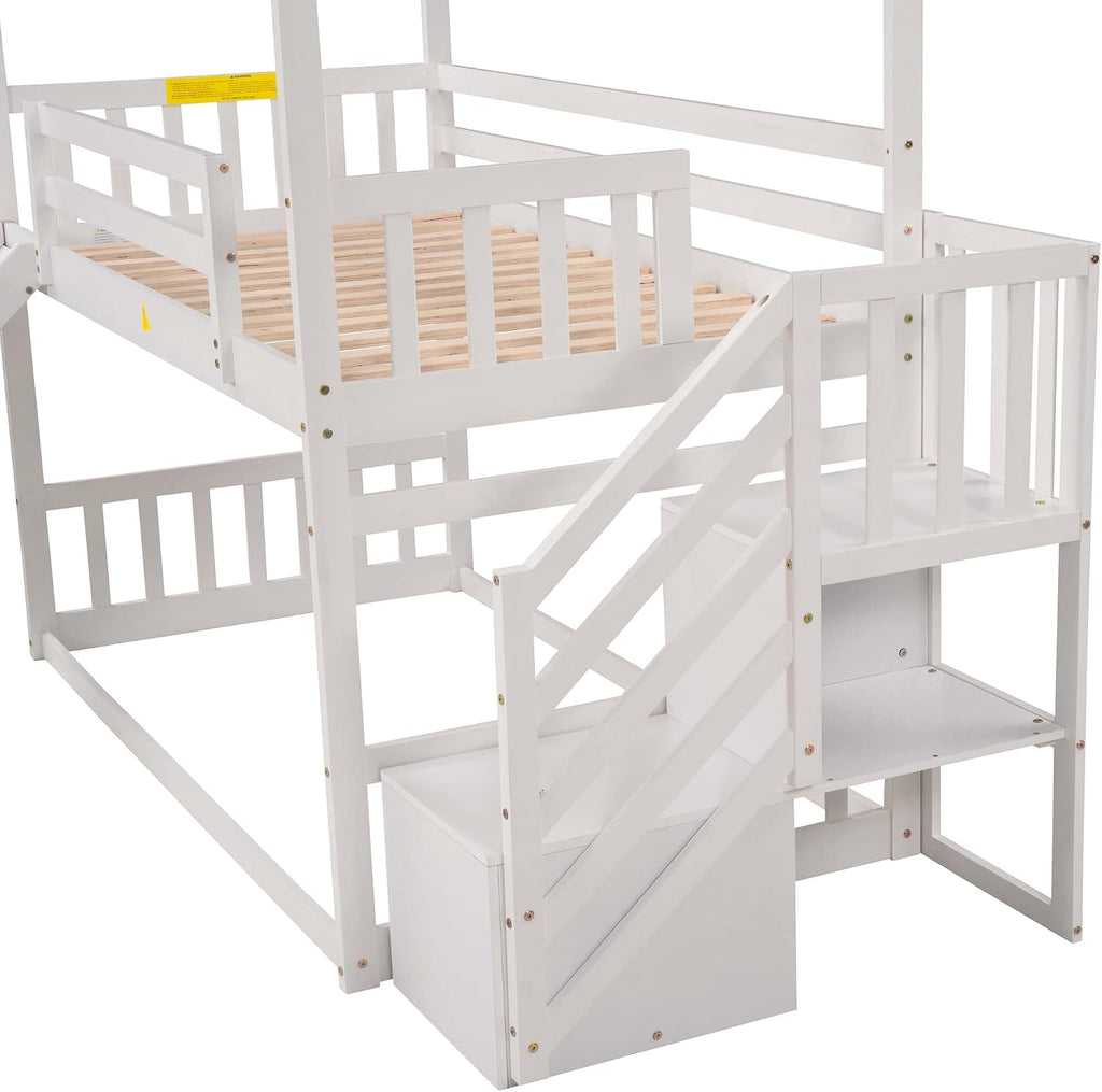 Wood House Bunk Bed for Kids Toddlers, Twin Over Twin Bunk Bed with Convertible Slide, Storage Staircase Can be Placed Left or Right, No Spring Box Required (White+House03)