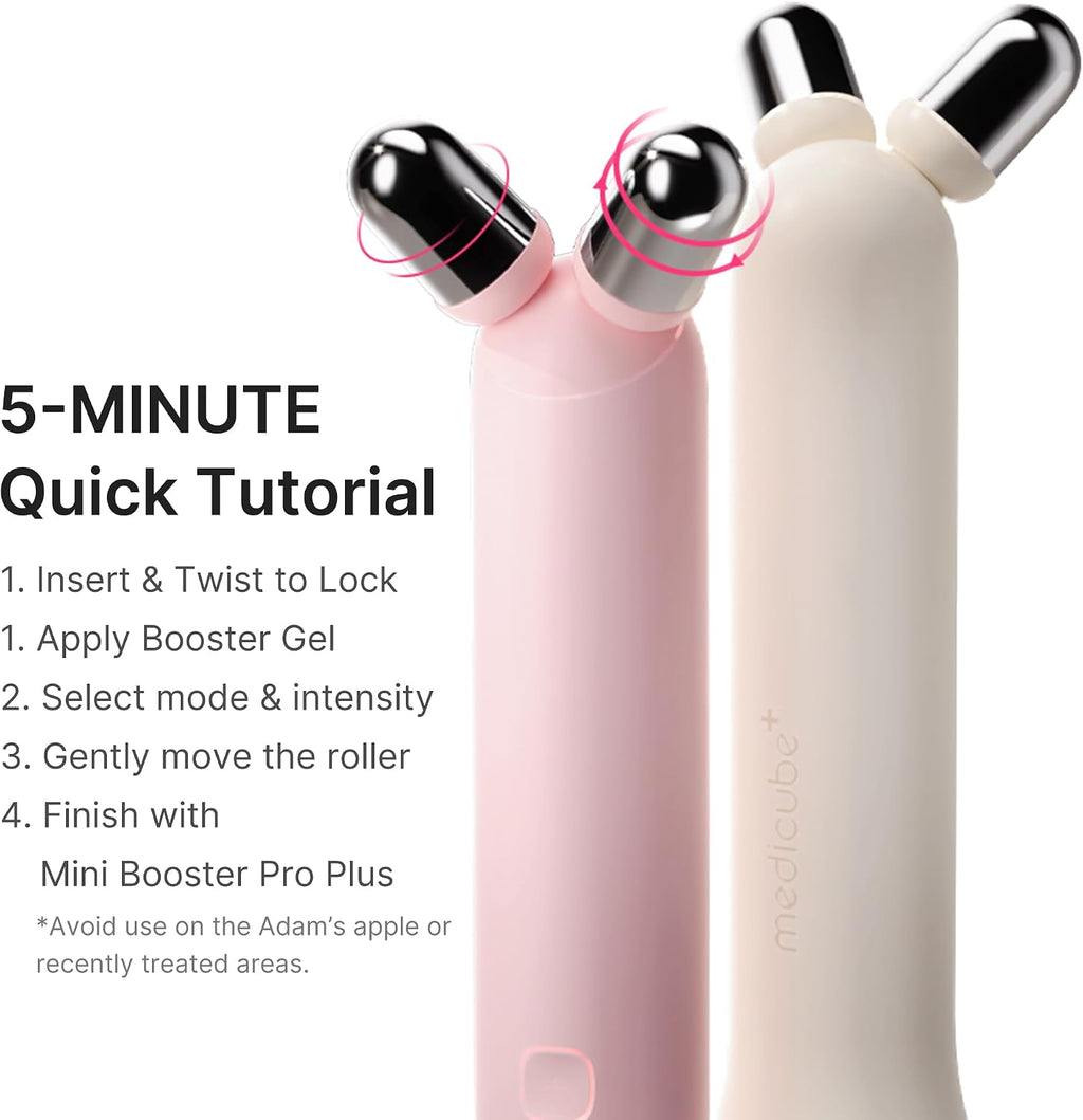 medicube Mini Booster Pro Plus Face Roller Device Set | 2-in-1 Massage & Skincare Device | Jawline Care & Depuffing | Face & Body Massager with 3 Vibration Modes | Korean Facial Device, Pink