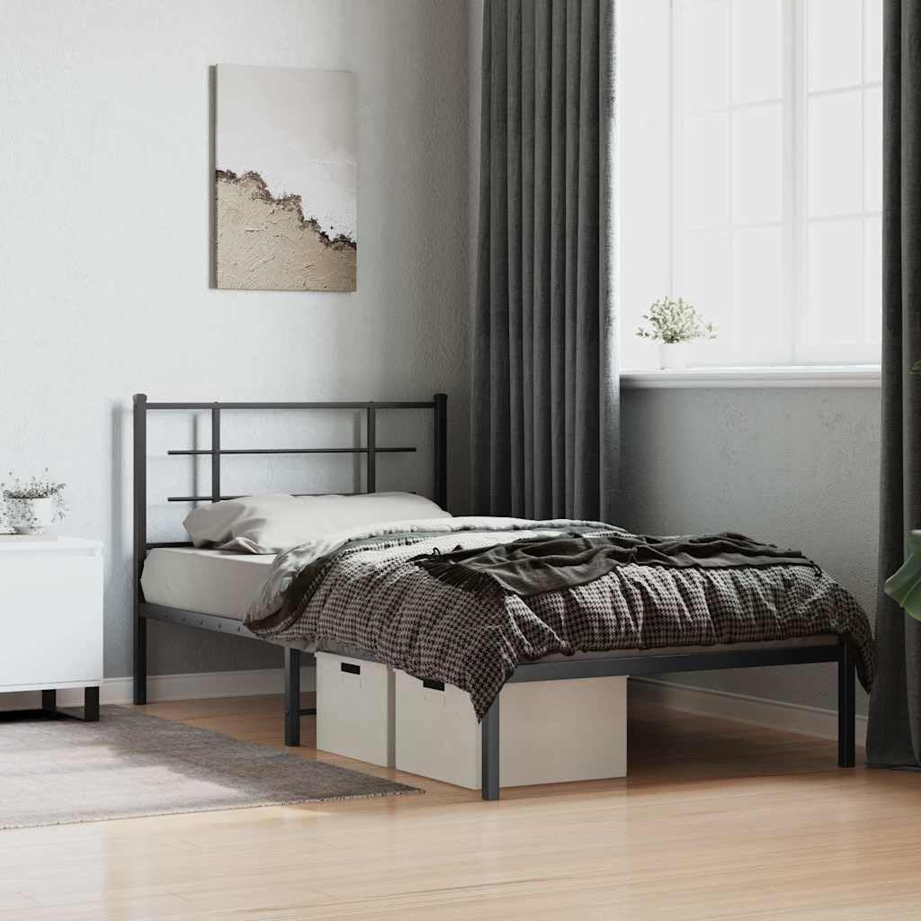 Black Powder-Coated Steel Twin Modern Bed Frame with Headboard, 4-Piece Sturdy Metal Bed Frame Set for Adults, Space-Saving Storage Design, Durable Construction