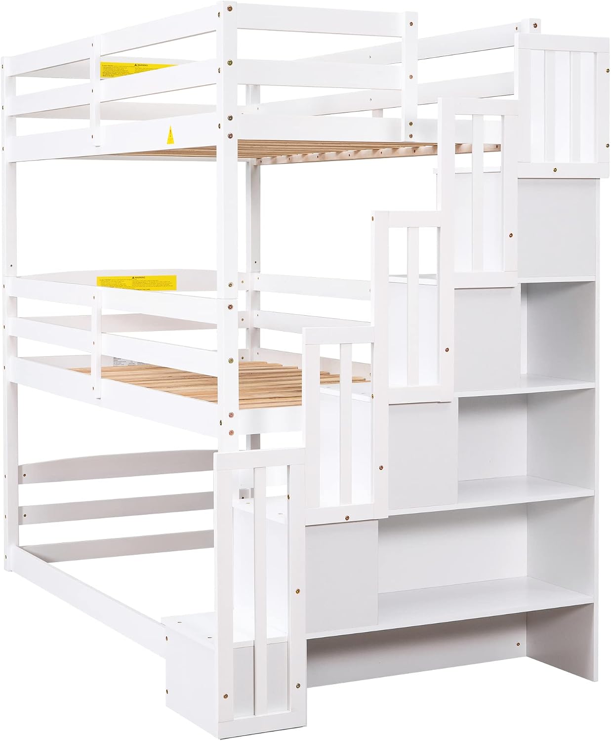 Triple Bunk Bed, Detachable Triple Twin Bunk Bed, 3 Bunk Bed with Storage Staircase, Guardrails, Twin Over Twin Over Twin for Kids, White