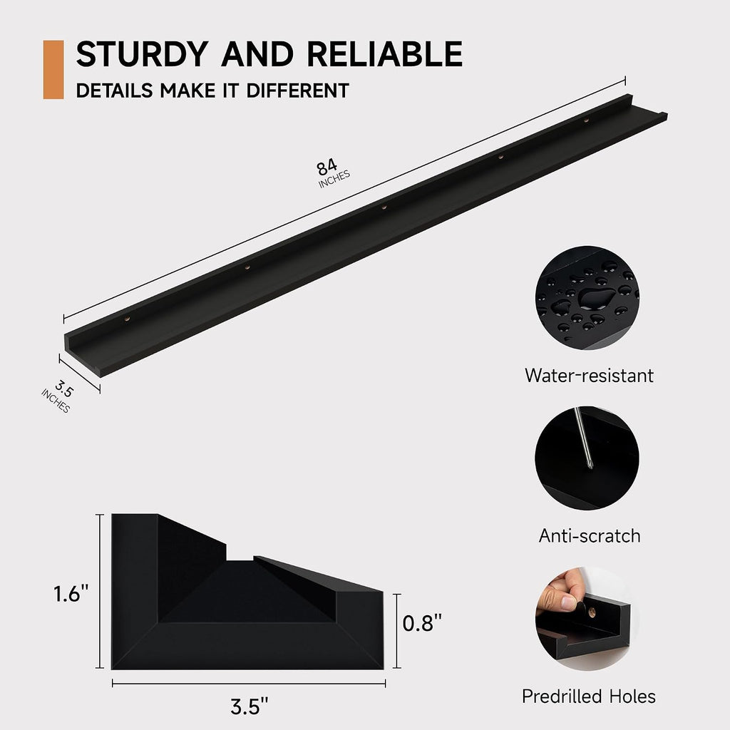 Floating Picture Ledge Shelves for Wall Set of 2, 84 Inches Picture Ledge Shelf with Long Large Nursery Book Shelf for Toys Storage Kids Bookshelf Wall Mounted Living Room Bedroom Decor Frames, Black