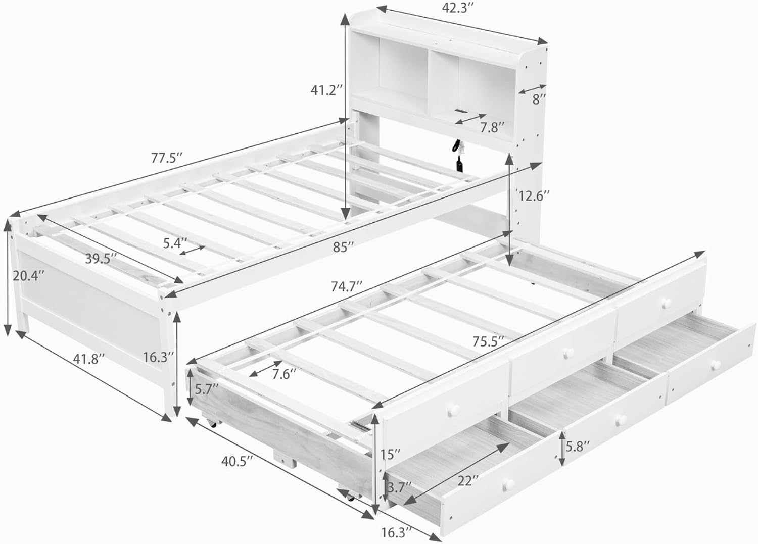 KEVINSPACE LED Bed Frame Twin Captains Bed Storage Daybed with Trundle Set, USB,Type-C Ports,LED Light Bed, Twin Size Beds Wooden Platform Bed with 3 Drawers and Bookcase Headboard Bedroom Grey