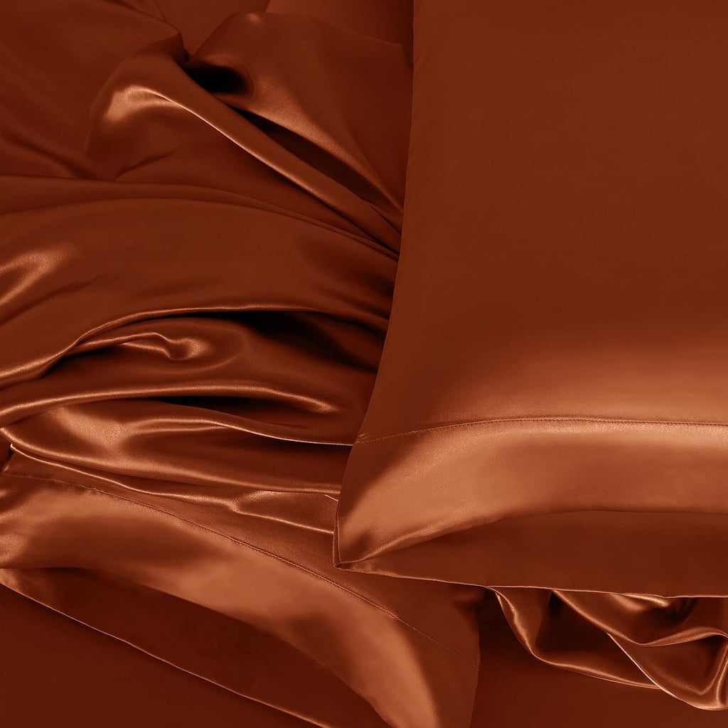 Twin XL Size 4-Piece Sheet Set Premium Mulberry Silk Bed Sheets Set Fits 14-16' Deep Pocket - Luxurious Soft Silk (Solid, Burnt Orange)