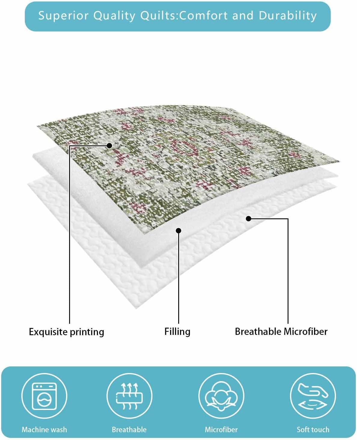 Quilt King Size Bedding Set, Sage Green Boho Lightweight Summer Quilt 3 Pieces Bedding Sets, Vintage Abstract Art Ethnic Tribe Reversible Soft Bedspreads Coverlets with 2 Pillow Shams for All Season
