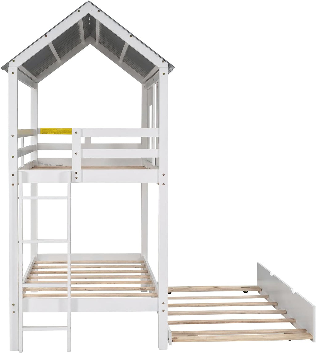 Twin Over Twin Bunk Bed for Kids Toddlers, House Bunk Bed Farm with Trundle/Roof/Windows/Guardrail for Girls/Boys, No Spring Box Required