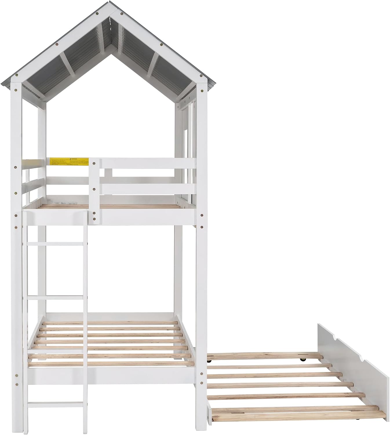 Twin Over Twin Bunk Bed for Kids Toddlers, House Bunk Bed Farm with Trundle/Roof/Windows/Guardrail for Girls/Boys, No Spring Box Required