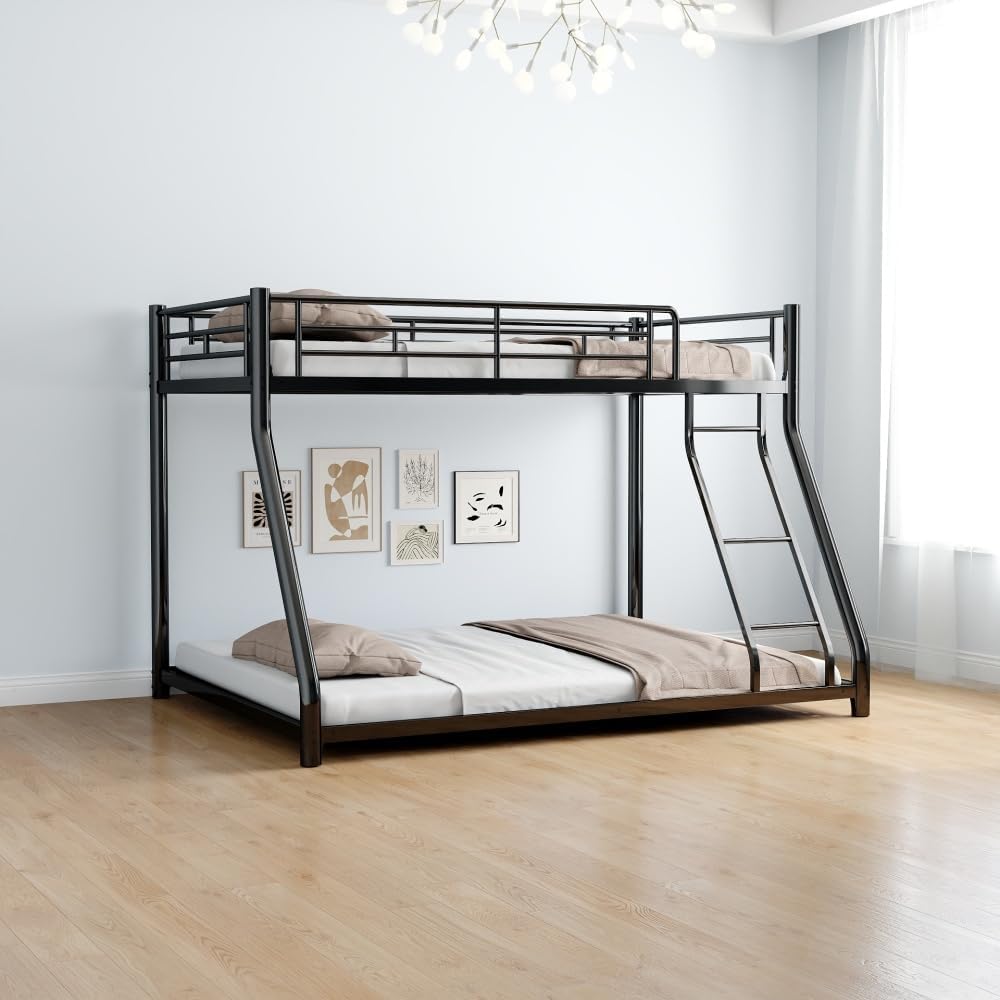Twin Over Full Metal Bunk Bed, with Ladder & Full-Length Guardrail for Teens Adults, Noise Free (Black + Metal + Twin)