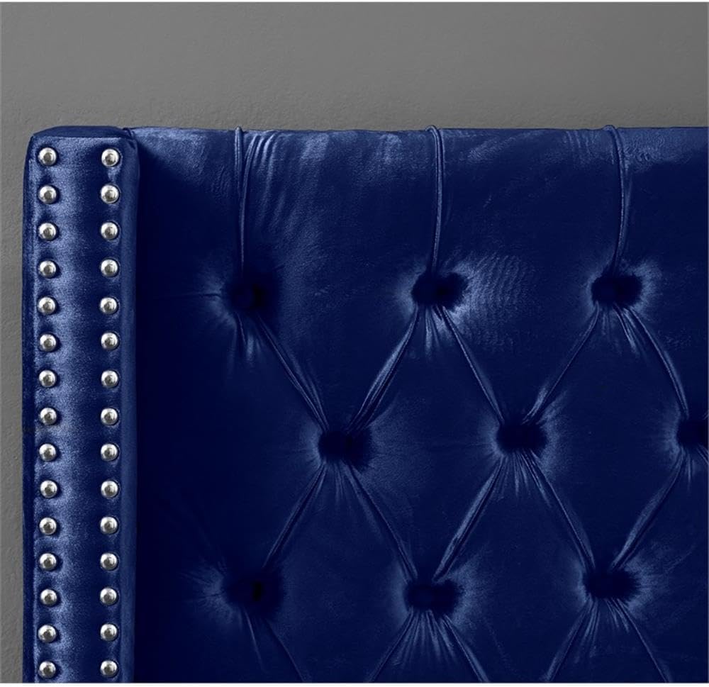 Meridian Furniture Aiden Collection Modern | Contemporary Velvet Upholstered Bed with Deep Button Tufting, Solid Wood Frame, and Custom Chrome Legs, Queen, Navy