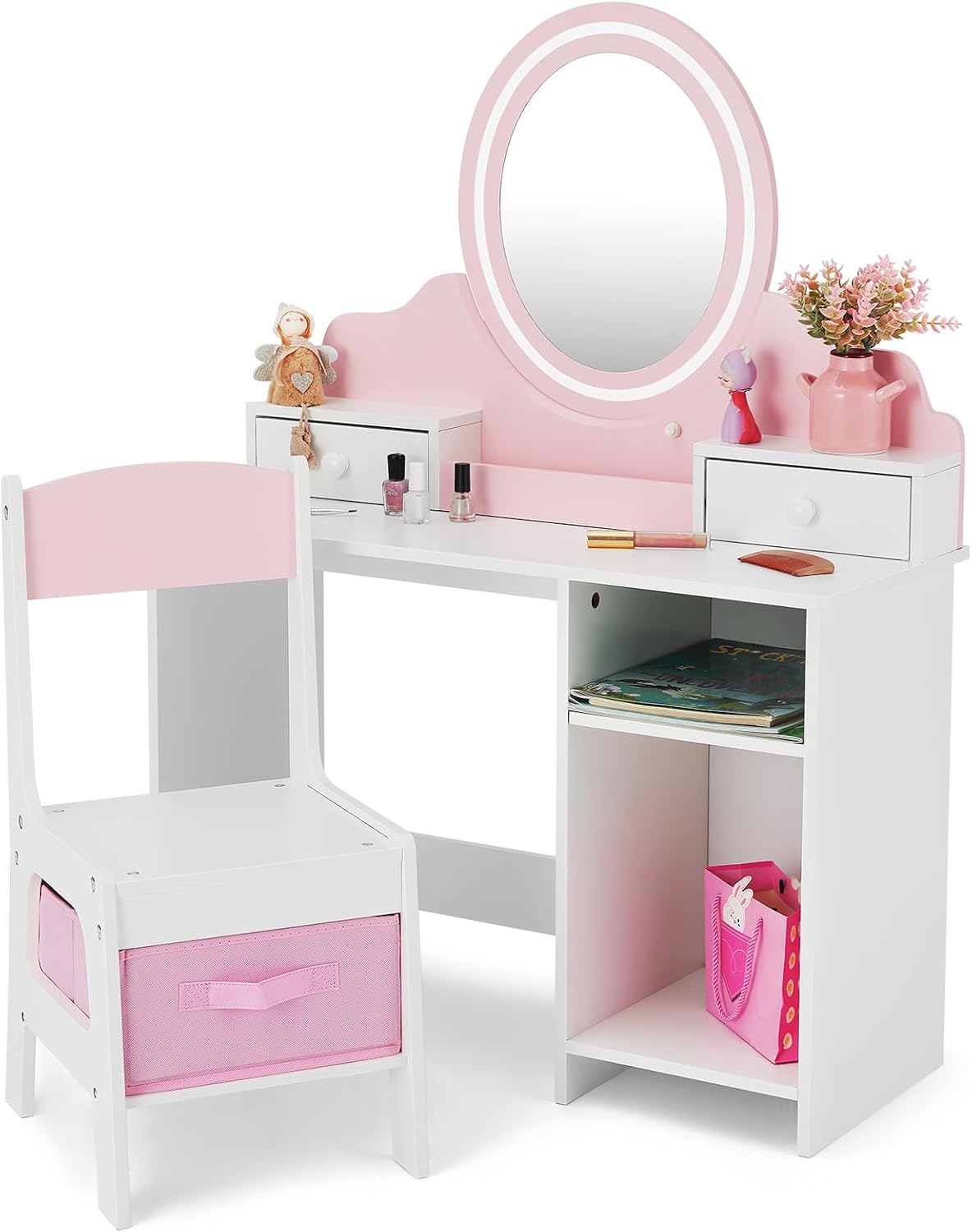 JOYLDIAS Kids Vanity Set with Lights, Pink Girls Vanity with Mirror and Chair, 2-in-1 Toddler Makeup Vanity Desk with 2 Drawers, Storage Cabinet & Shelves, Dressing Table for Kids Ages 3+