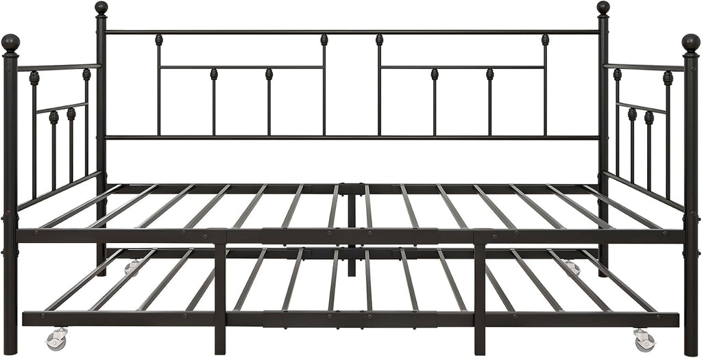 Weehom Twin Daybed with Trundle Set, Twin Size Day Bed Sofa Metal Frame, Daybed and Roll Sofa Bed for Guest Room, Bedroom, Living Room, Black
