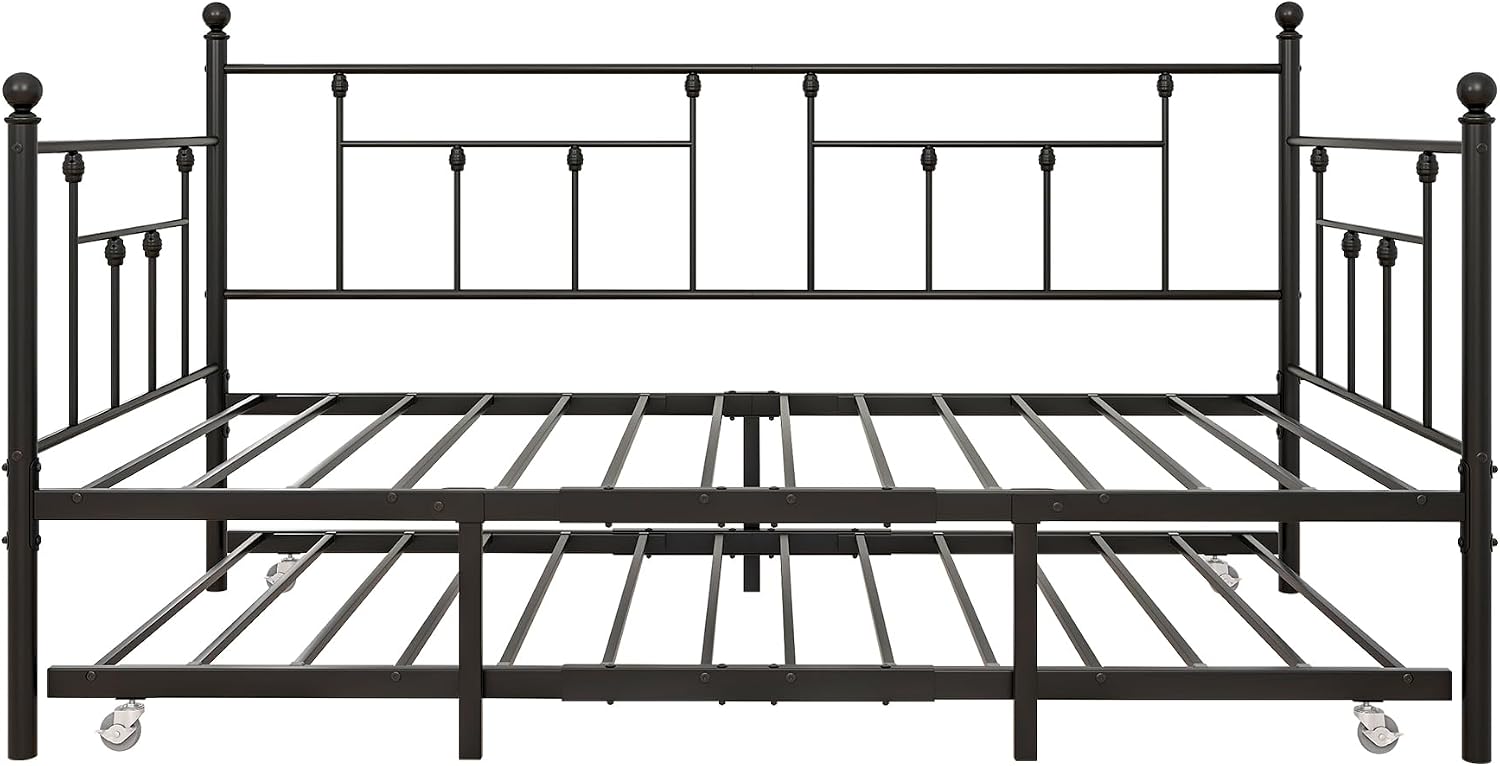 Weehom Twin Daybed with Trundle Set, Twin Size Day Bed Sofa Metal Frame, Daybed and Roll Sofa Bed for Guest Room, Bedroom, Living Room, Black