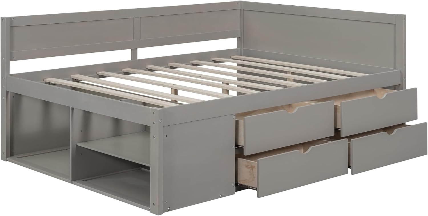 Full Size Daybed with 4 Pull-Out Drawers and 3 Functioning Shelves,Solid Wood Day Bed Frame with Wooden Slats Support for Bedroom,No Box Spring Required (Gray-AB41)
