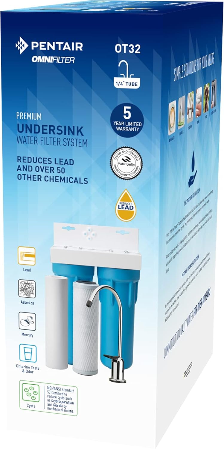 Pentair OMNIFIlter OT32 Water Filtration System, 10' Premium Dual-Stage Undersink Filter System, NSF Certified to Reduce PFOA/PFOS, Includes Dual Housings, RS14 and CB3 Cartridges and All Hardware