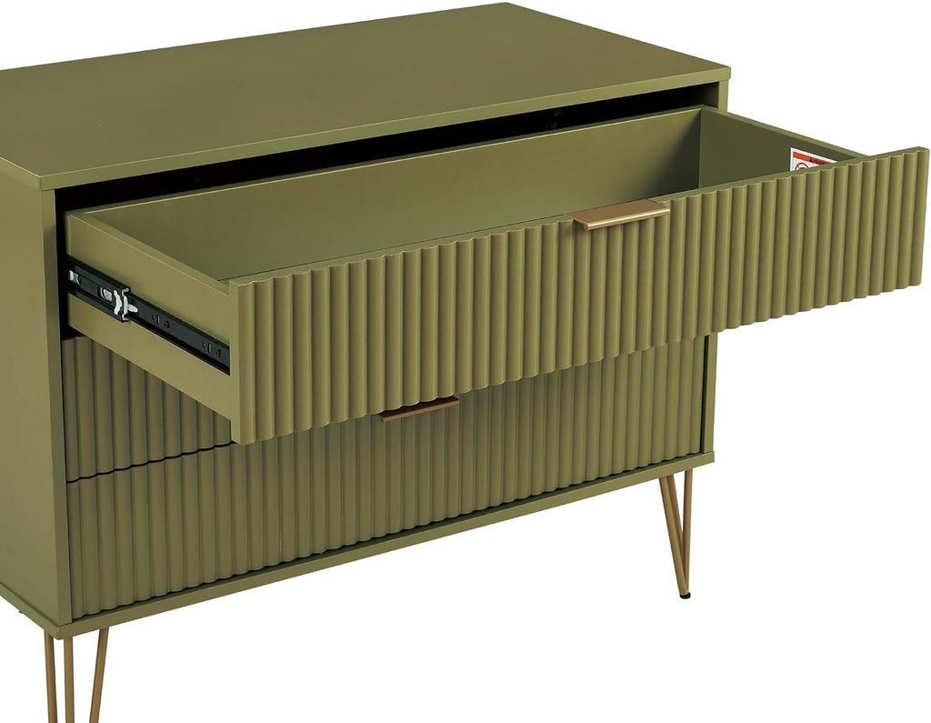 Manhattan Comfort DUMBO 2 Piece Modern Set, 3 Drawer Dresser, 1 Drawer Nightstand with Fluted Ribbed Front, Gold Metal Legs, No Tool Assembly, Storage Cabinet for Bedroom or Living Room in Olive Green