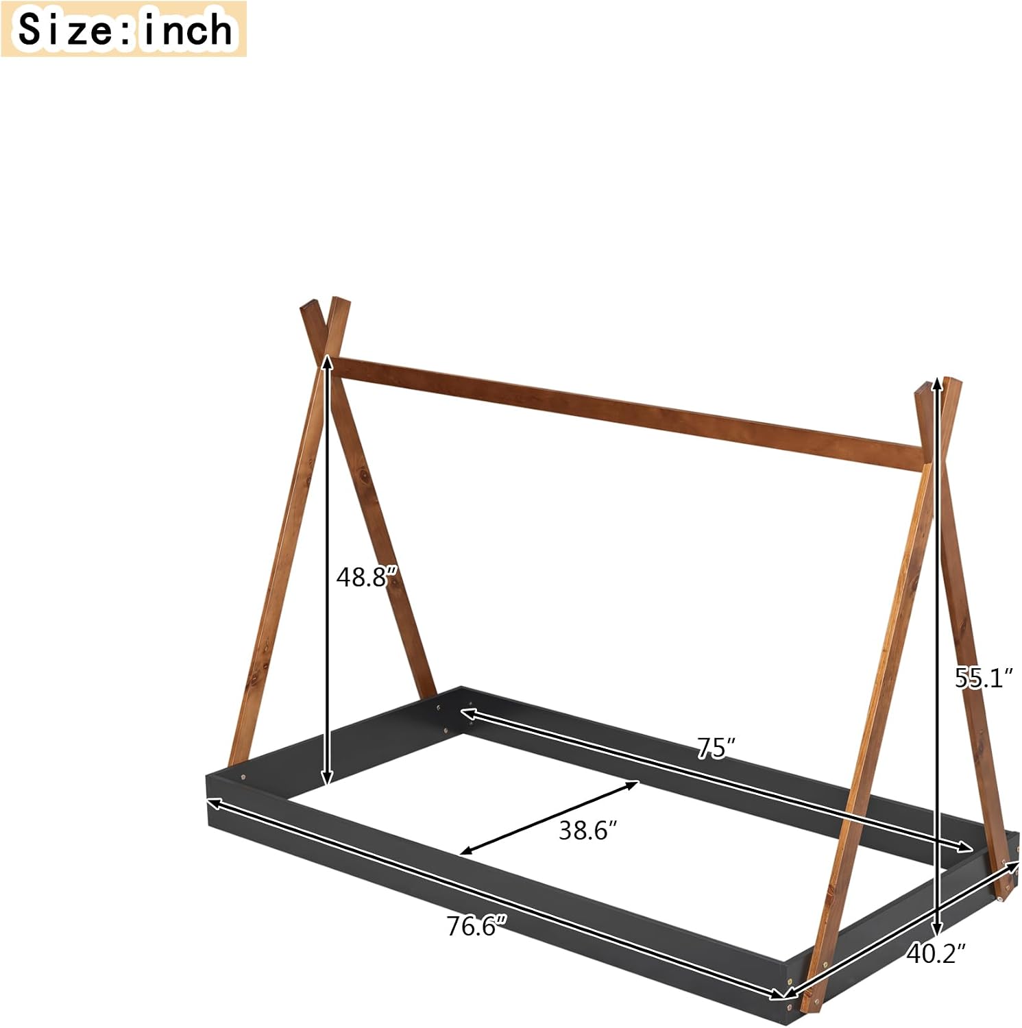 Twin Size Tent Floor Bed with Triangle Structure, Wood Floor Bed Frame, Twin Size Montessori Bed Playhouse House Platform Bed with X-Shaped Safety Railings for Kids Boys Girls (Black+Brown & Twin)