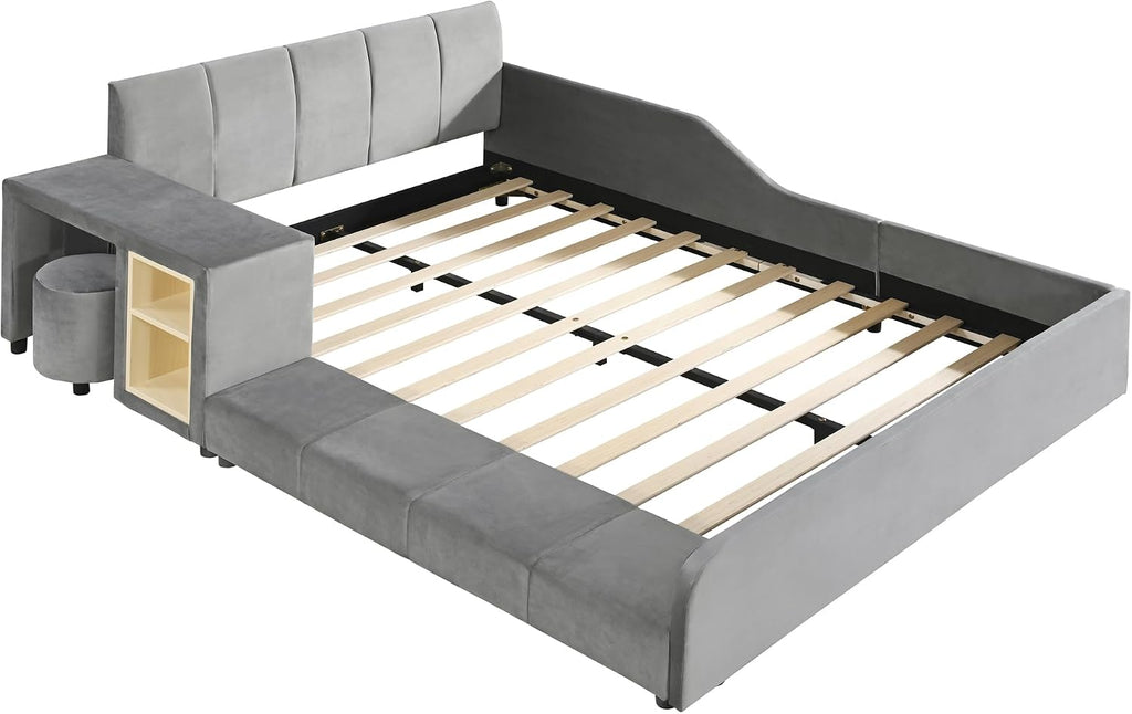 Full Size Upholstered Grounded Bed, Mother & Child Bed with Bedside Desk and Little Round Stool (Gray)