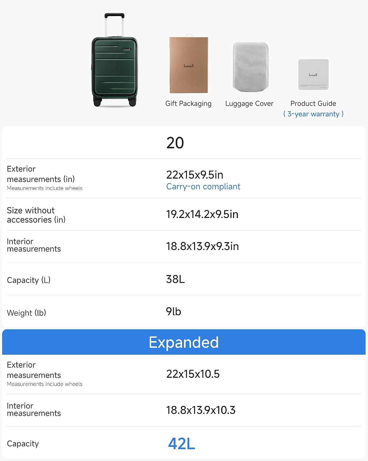 LUGGEX Carry On Luggage 22x14x9 Airline Approved, Expandable Polycarbonate Suitcase with Front Pocket (FX-Core, Green, 20 Inch)