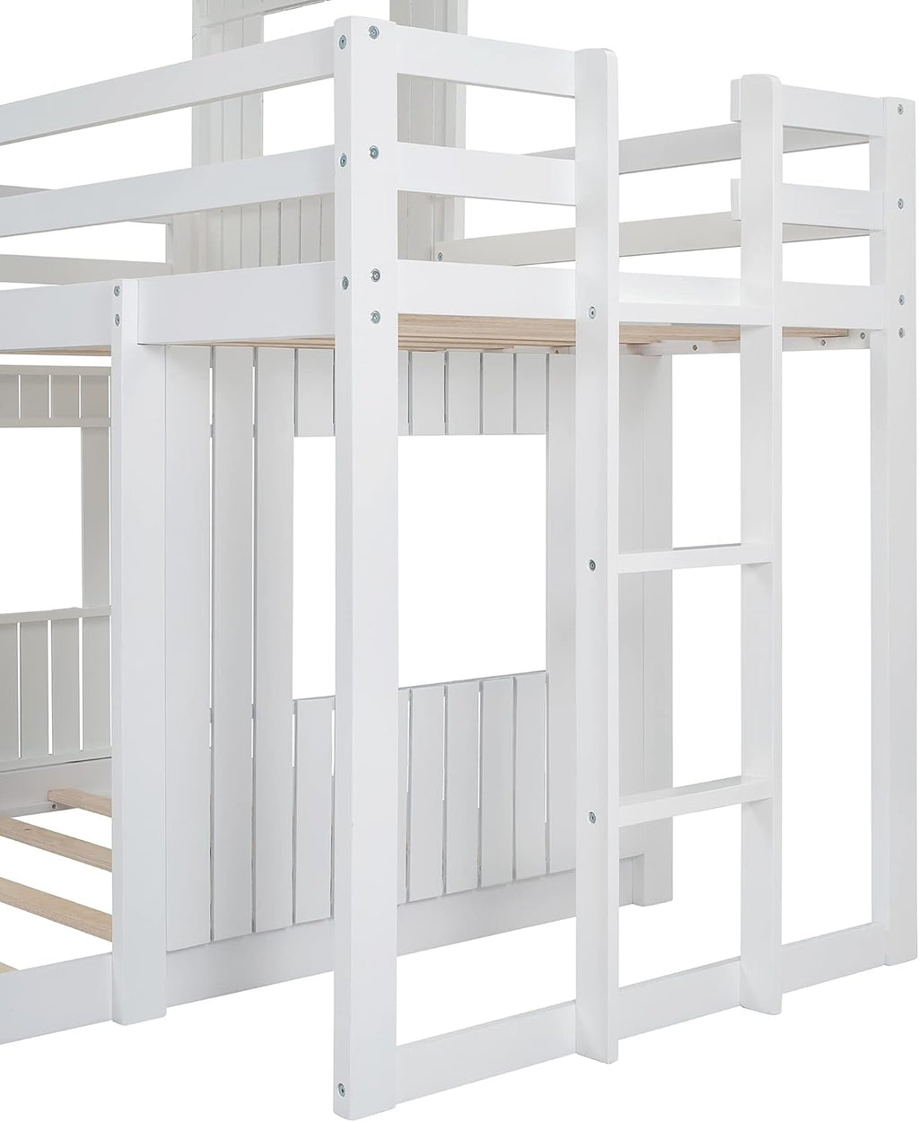 Twin Over Full Bunk Beds for Kids Toddlers, Wooden Play Farm House Bunk Bed with Roof Window Guardrail Ladder, for Girls Boys, No Spring Box Required (White-BUNK Bed-Twin-Full-4)