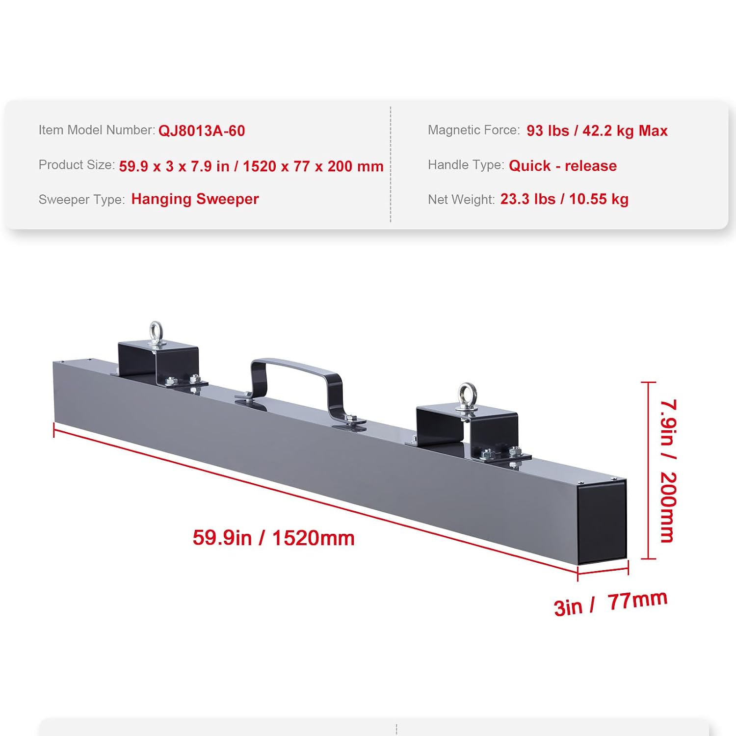 Happybuy 93 lbs Hanging Magnetic Sweeper Pickup Tool, 60inch, for Nails Bolts Metals Iron Chips