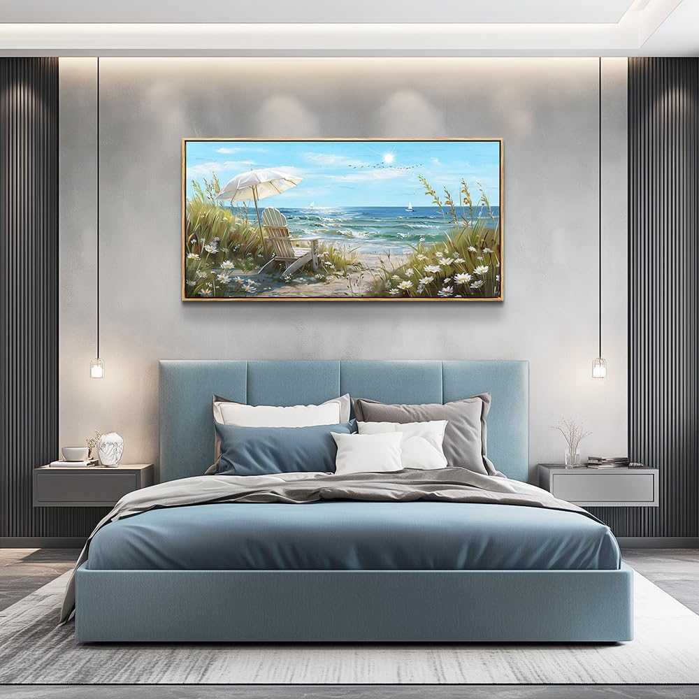 ERQINHUA Large Wall Art For Living Room Canvas Wall Decor For Bedroom Office Decoration Blue Sea Ocean Paintings Beach Chair Wall Pictures Artworks Modern Home Decor Aesthetics 24x48 In Wood Framed