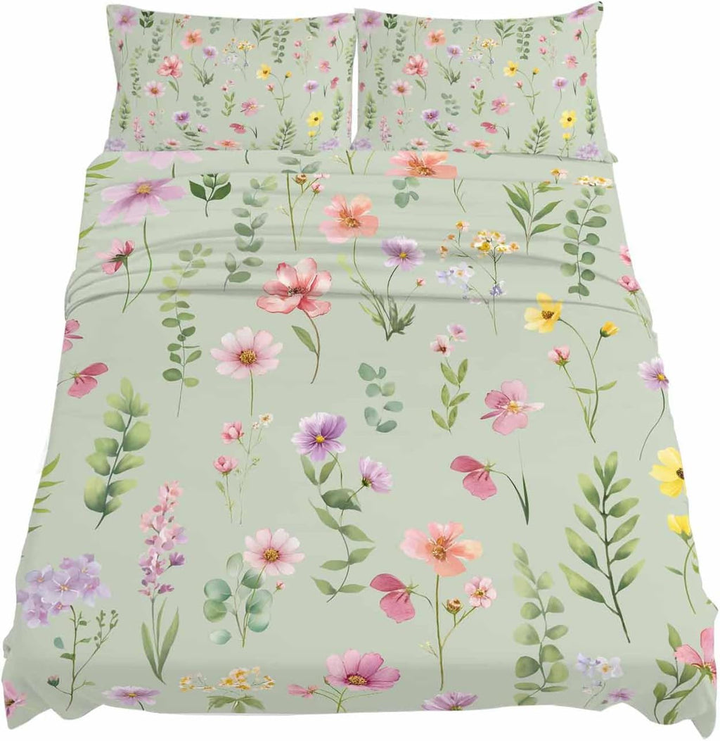 Pink Spring Floral Cal King Sheet Set 4 Piece Bedding - Farmhouse Flowers Sage Green Leaves Breathable Comfy Cooling Bed Sheets & Pillowcase Sets, Hotel Luxury Flat Sheets Deep Pockets Fitted Sheet