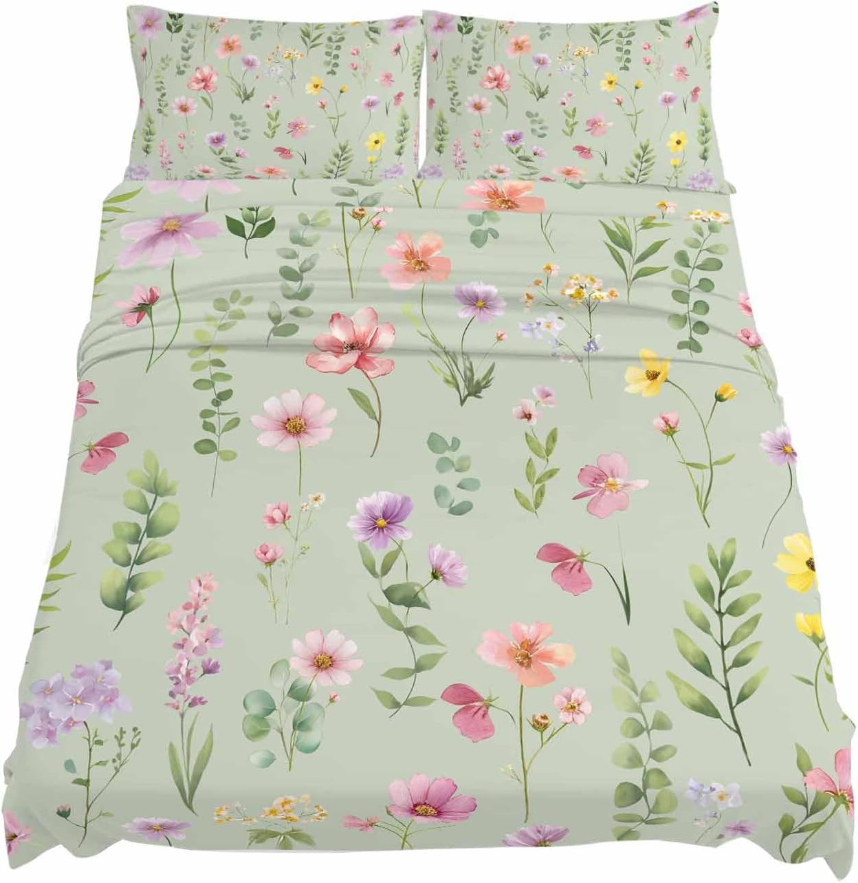 Pink Spring Floral Cal King Sheet Set 4 Piece Bedding - Farmhouse Flowers Sage Green Leaves Breathable Comfy Cooling Bed Sheets & Pillowcase Sets, Hotel Luxury Flat Sheets Deep Pockets Fitted Sheet