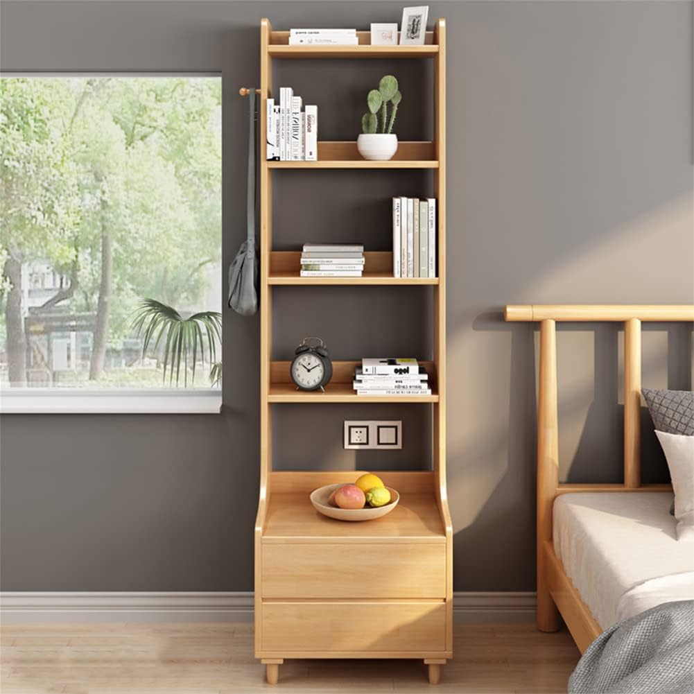 IOTXY Oak Bedside Table Bookshelf - 71' Tall Free Standing Wooden Open Shelf Bookcase with Drawers and 4-Shelves for Bedroom, Bed Side End Table, Nightstand