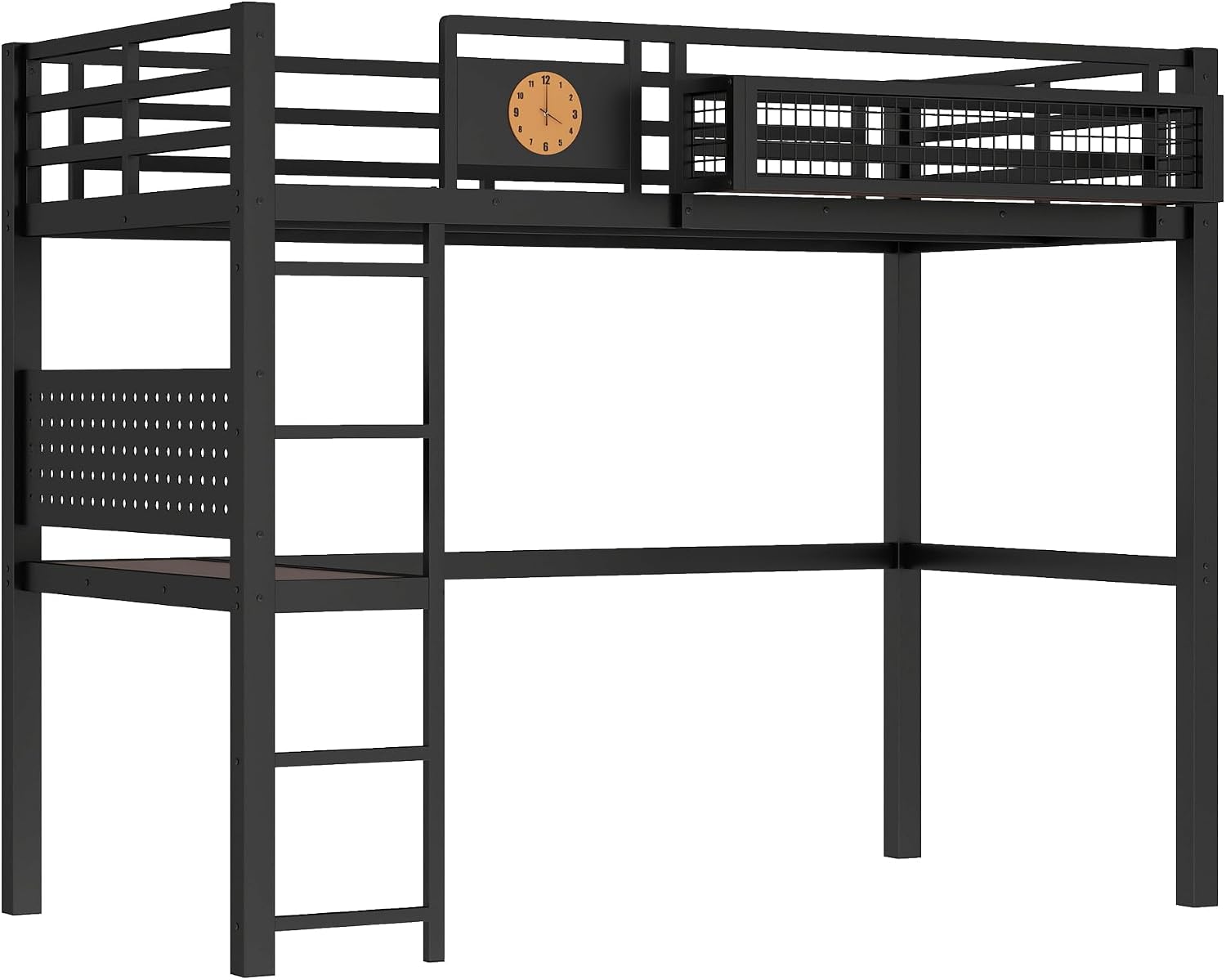 JIVOIT Twin XL Size Metal Loft Bed Frame with Desk, Bedside Storage Basket, Side Clock Design, Pegboard, 68' H Metal Loft Bed with Slats Support, No Spring Box Needed