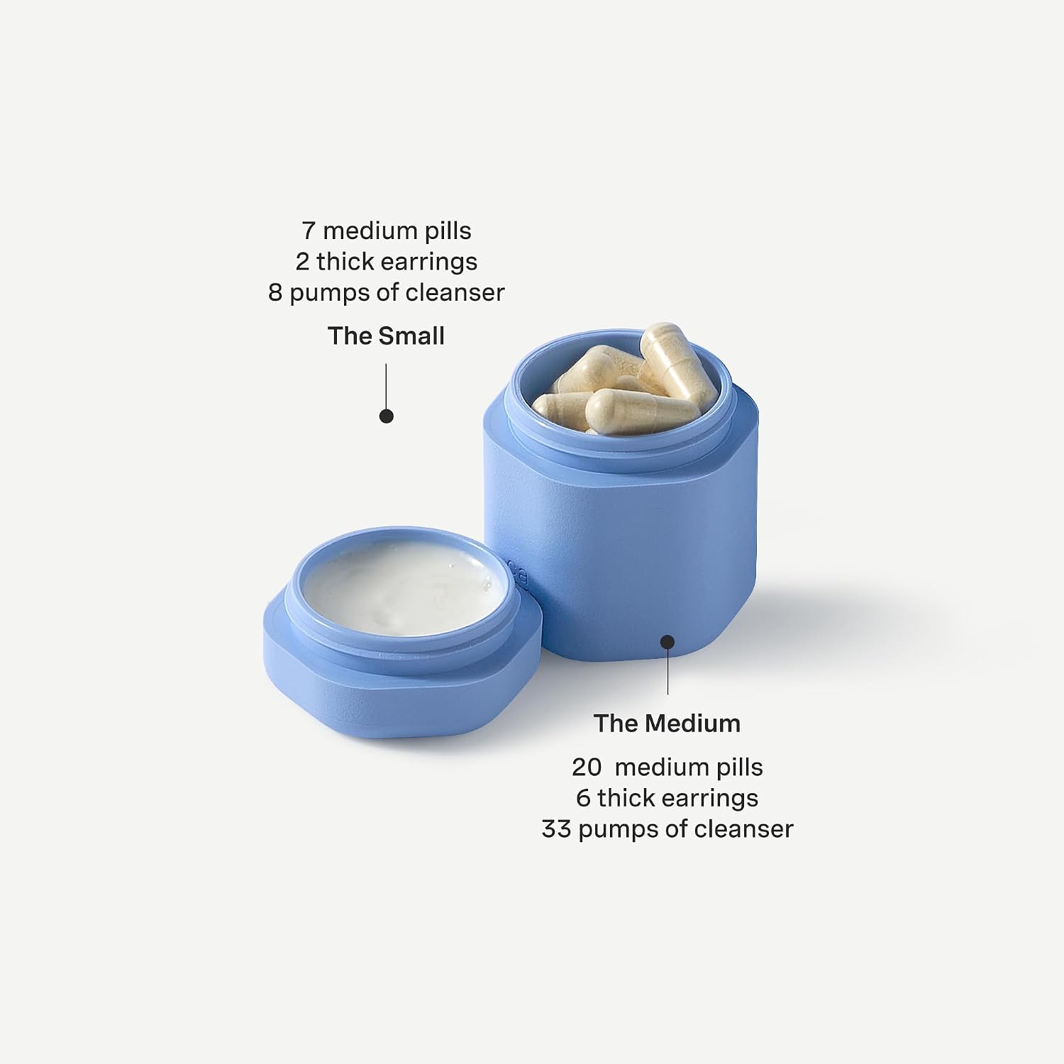 Cadence Travel Containers - Daily Routine Capsule Set - Magnetic Containers with Lids,4 Flex Mediums (1.32oz) & 3 Flex Smalls (0.56oz) - Shampoo, Conditioner, Body Wash, Pills, & More - Pacific