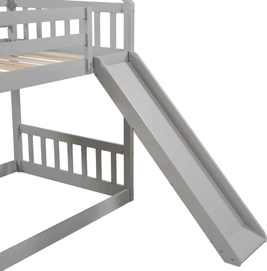 Twin Over Twin Bunk Bed with Slide for Kids Toddlers, House Bunk Bed Farm with Storage Steps and Roof Guardrail for Girls/Boys, No Spring Box Required (Gray-Storage Steps#2)
