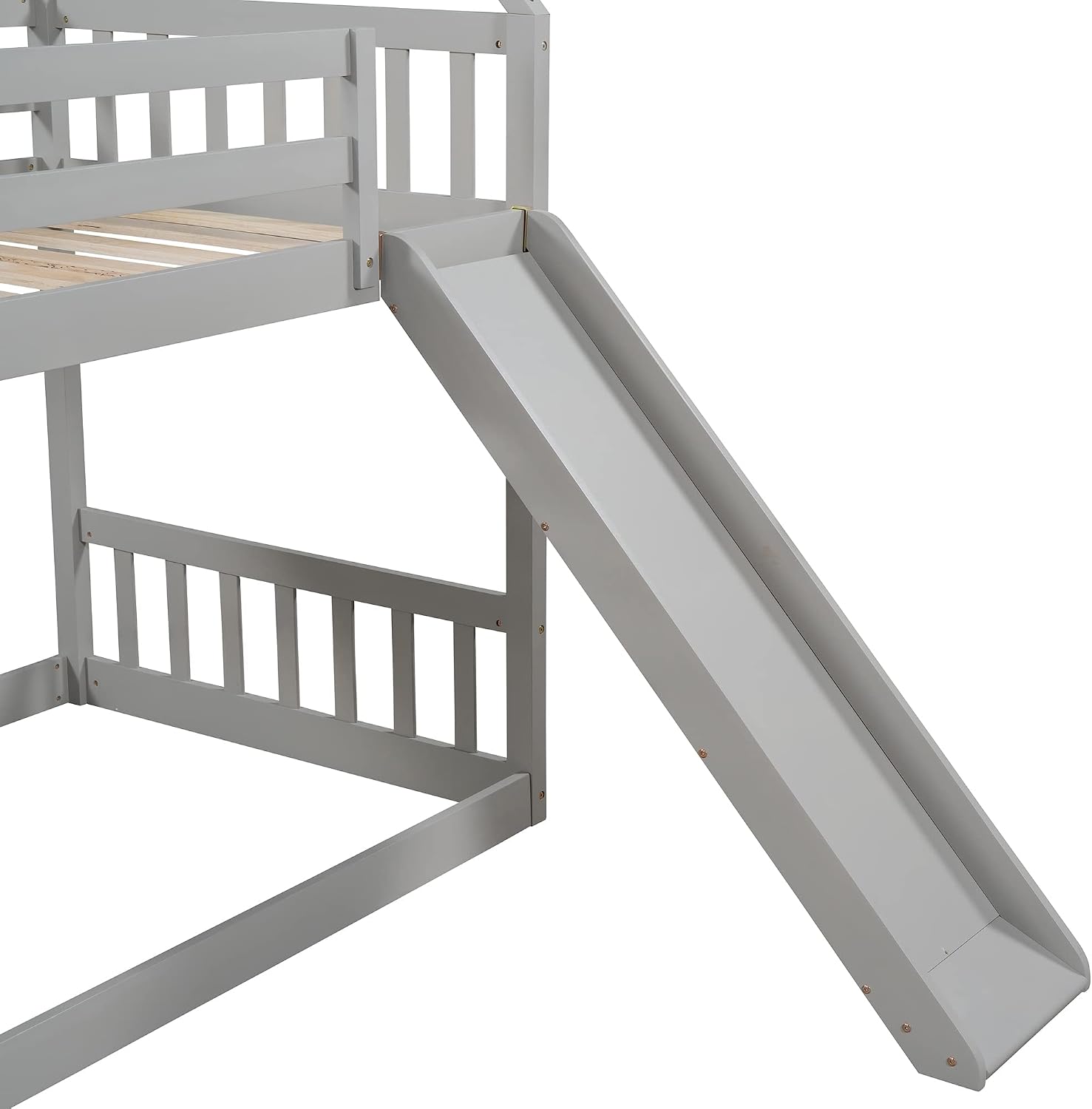 Twin Over Twin Bunk Bed with Slide for Kids Toddlers, House Bunk Bed Farm with Storage Steps and Roof Guardrail for Girls/Boys, No Spring Box Required (Gray-Storage Steps#2)