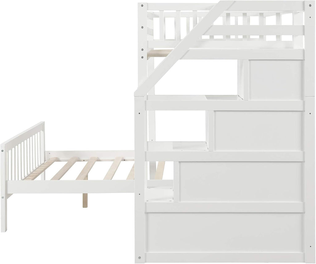 Harper & Bright Designs Twin Over Full Loft Beds, Bunk Beds Twin Over Full with Stairway and Storage, Full-Length Guardrail, No Box Spring Needed (White, Twin over Full)