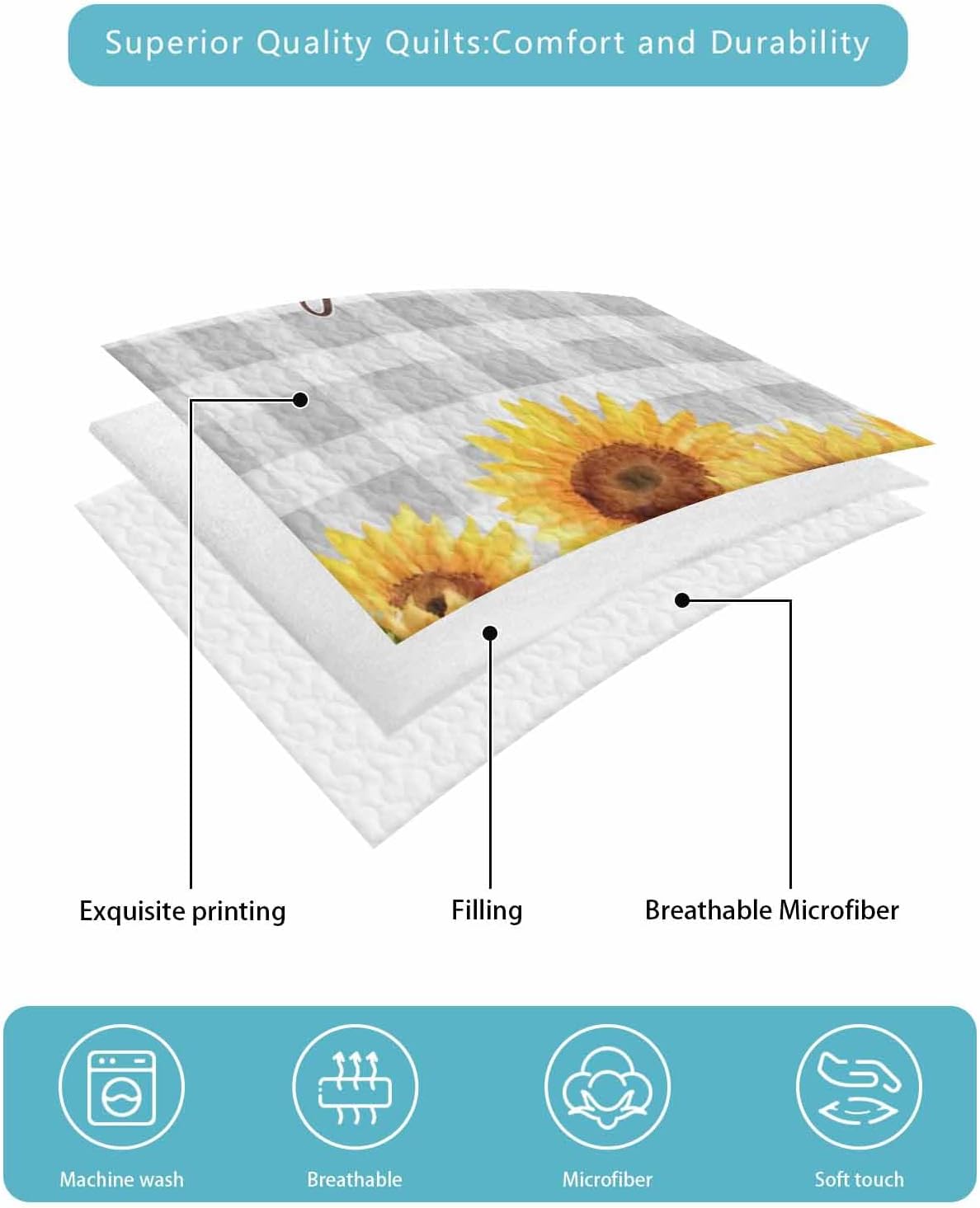 Quilt King Size Bedding Set, Yellow Sunflowers Lightweight Summer Quilt 3 Pieces Bedding Sets, Summer Floral Elegant Pastoral Checkered Reversible Soft Bedspreads Coverlets with 2 Pillow Shams