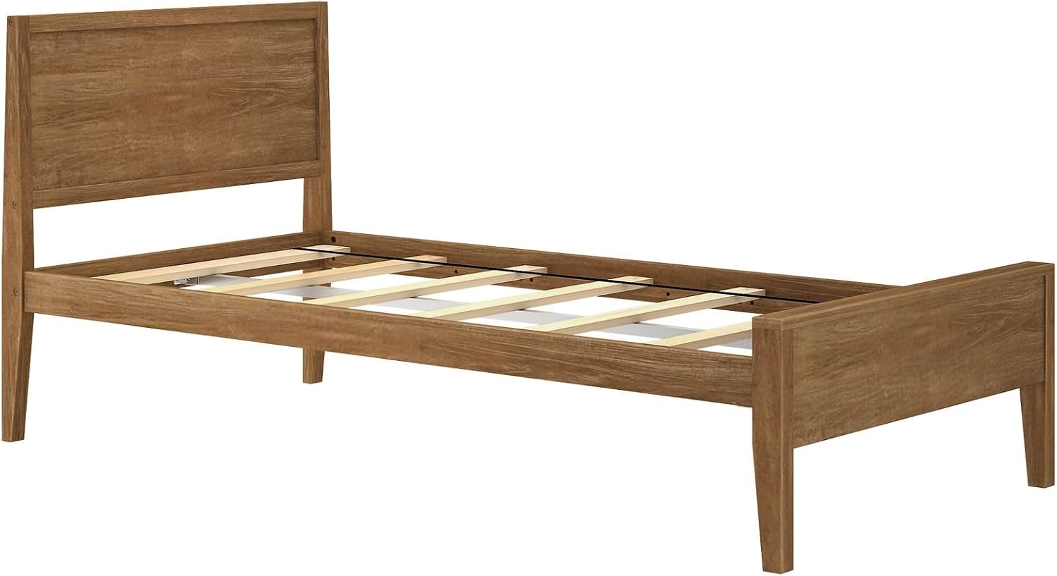 Plank+Beam Solid Wood Twin Bed Frame with Panel Headboard, Modern Twin Platform Bed with Wood Slat Support, No Box Spring Needed, Pecan