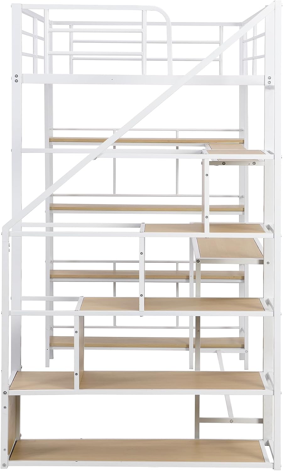 JIVOIT Metal Loft Bed with Storage Staircase, Twin Size Loft Bed with Built-in Desk and 3-Tier Storage Shelves, Space-Saving 3 in 1 Design Metal Loft Bed with Guardrails, No Box Spring Needed