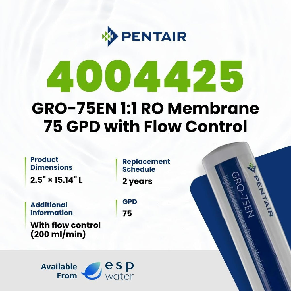 Pentair GRO-75EN 1:1 Reverse Osmosis Membrane Replacement Filter – 75 GPD High-Efficiency RO Cartridge with Flow Control, Check Valve and Quick Connect Fittings for Under-Sink Water Filtration 4004425