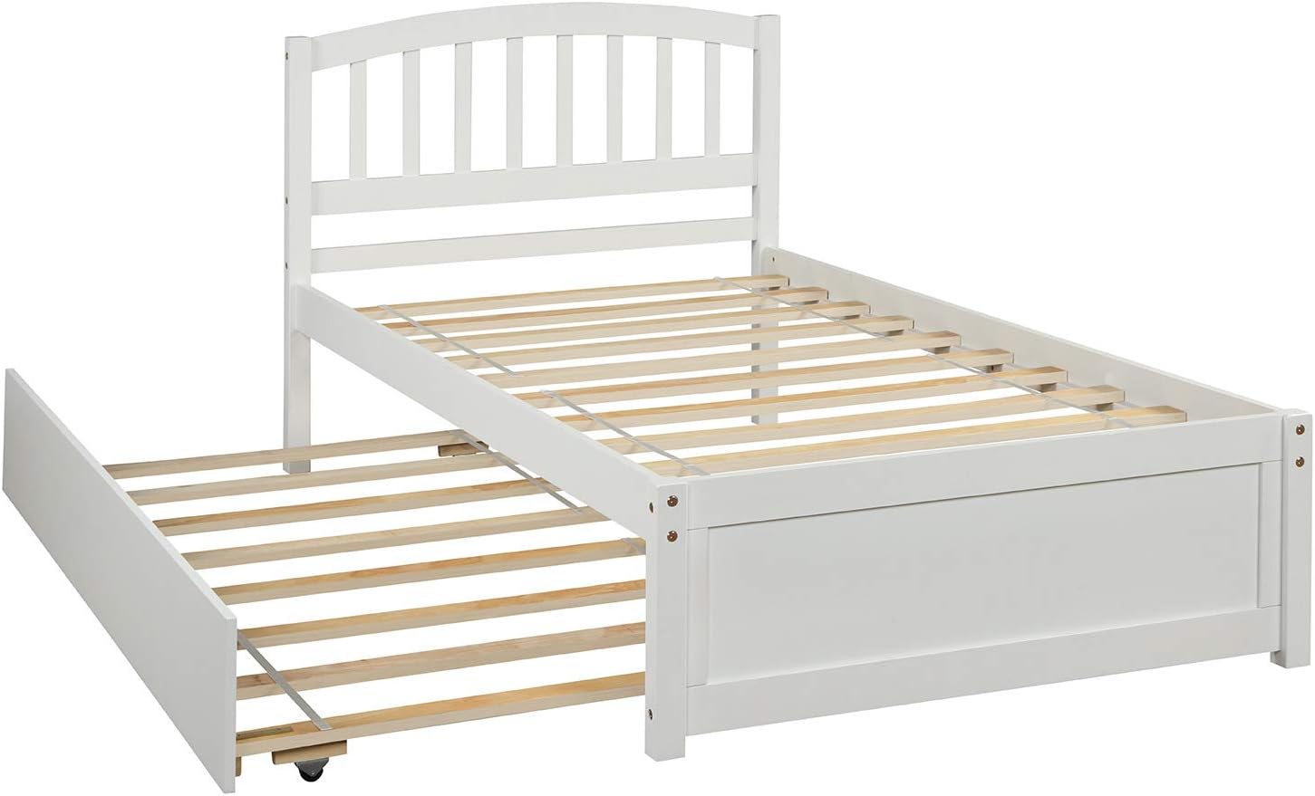 Modern Solid Wood Platform Bed with Trundle Classic Bed Frame with Headboard, No Box Spring Needed Space Saving, Twin White