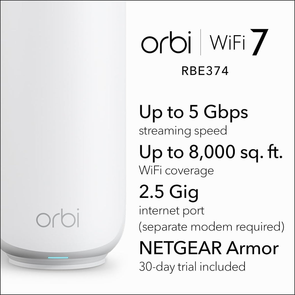 NETGEAR Orbi 370 Series Dual-Band WiFi 7 Mesh System for Home (RBE374) - Wireless Router (no Modem) + 3 Extenders, Security Features, 5 Gbps, Covers 8,000 sq.ft., 70 Devices, 2.5GB Port, BE5000