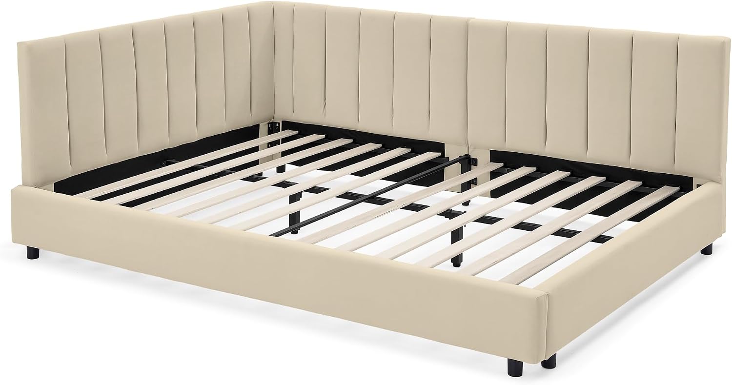 JIJIWANG Full Size L-Shape Corner Bed Frame, Velvet Upholstered Tufted Daybed with Comfortable Backrest and Armrests for Bedroom, Living Room,Beige