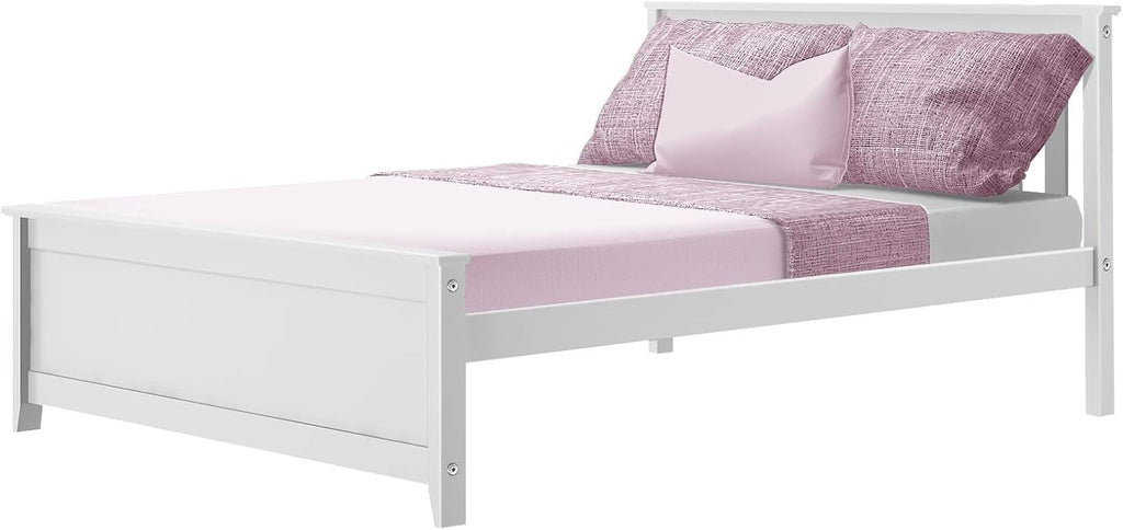 Max & Lily Full Size Bed Frame with Slatted Headboard, Solid Wood Platform Bed for Kids, No Box Spring Needed, Easy Assembly, White