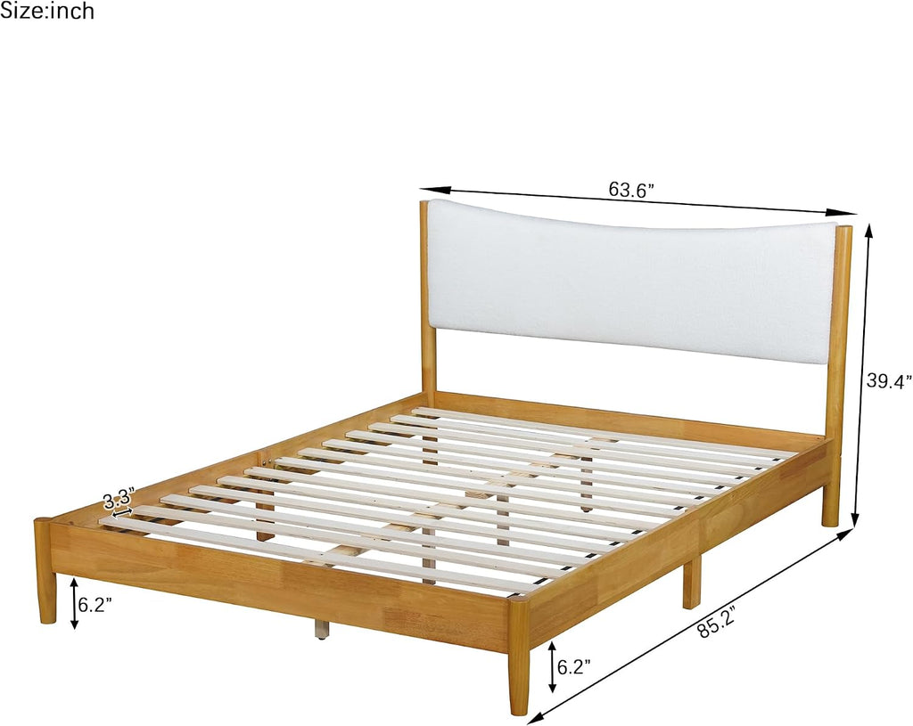 Queen Size Bed Frame with Storage, Solid Rubber Wood Platform Bed with Boucle Upholstered Headboard, Enhanced Support Feet for Stability, American Style Modern Bedroom Furniture