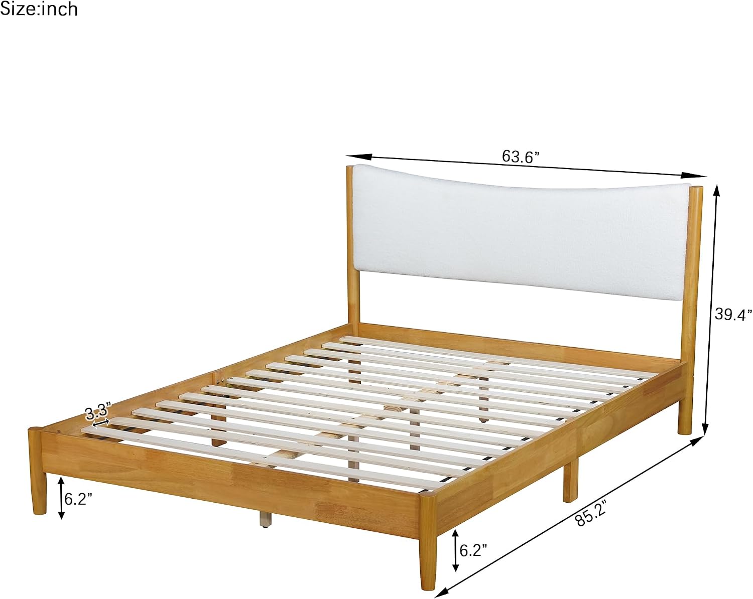 Queen Size Bed Frame with Storage, Solid Rubber Wood Platform Bed with Boucle Upholstered Headboard, Enhanced Support Feet for Stability, American Style Modern Bedroom Furniture