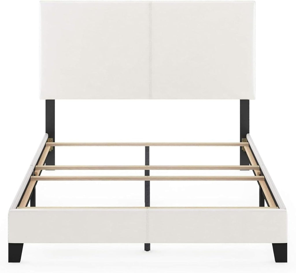 Upholstered Bed Frame Full Size, Modern Platform Bed with PU Leather Headboard & Wood Slat Support, Easy Assembly, Sturdy Bedroom Furniture (White)