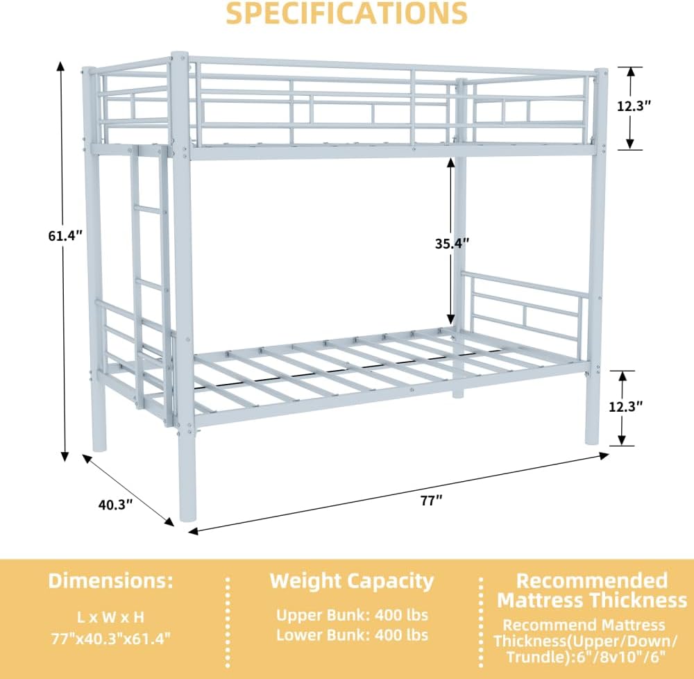 Twin Over Full Metal Bunk Bed, with Ladder & Full-Length Guardrail for Teens Adults, Noise Free (Silver + Metal + Metal)