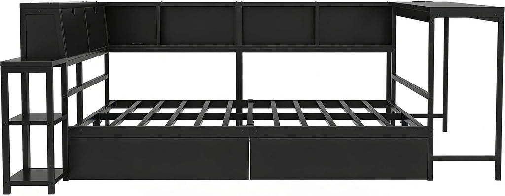 Bellemave Twin Size Corner Bed Frame with Desk and Storage Drawers,Twin Metal Platform Corner Bed Frame with Charging Station and LED Lights, Twin Daybed for Kids Teens Guests,Black