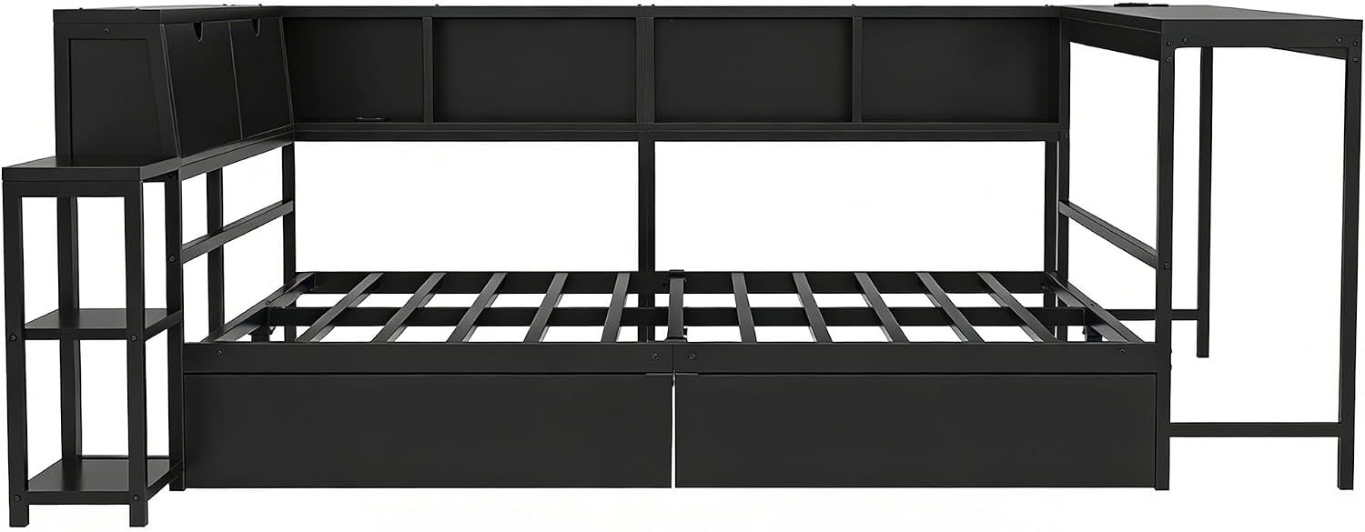 Bellemave Twin Size Corner Bed Frame with Desk and Storage Drawers,Twin Metal Platform Corner Bed Frame with Charging Station and LED Lights, Twin Daybed for Kids Teens Guests,Black