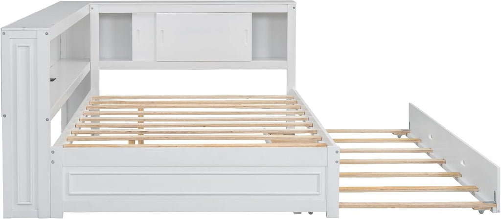 Modern Full Size Daybed with Storage Shelves and Bookcase, L Shape Corner Bed with LED Lights & USB Ports, Full Wood Daybed with Trundle for Kids Teens Adults (White-Q28)