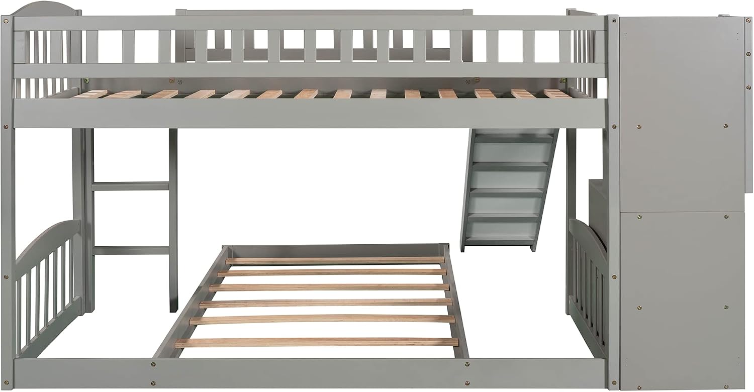 Bellemave Twin Over Twin Stairway Bunk Bed with 2 Storage Drawers and Slide, Pinewood Frame, Full-Length Guardrails, Convertible Ladder Slide Staircase, No Box Spring for Kids Bedroom (Grey)